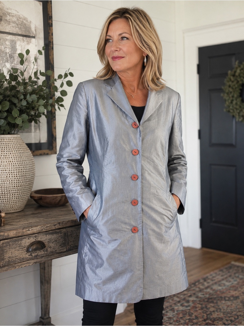 Express Compaigne International Women's Shimmery Silver Single-Breasted Coat